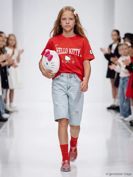 LCW Kids Kırmızı Bisiklet Yaka Hello Kitty Baskılı Kız Çocuk Tişört ürün görseli 1