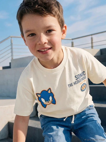 LCW Kids Bej Bisiklet Yaka Sonic Baskılı Erkek Çocuk Tişört ürün görseli 1