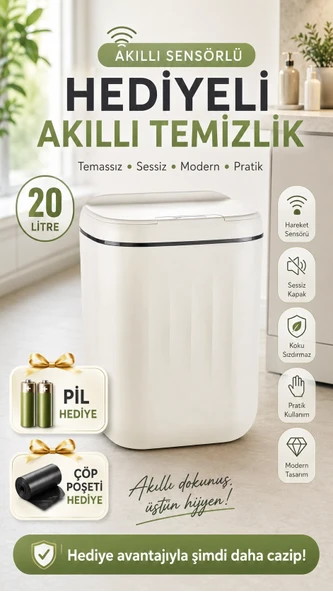 Sensörlü Çöp Kovası 20 Litre Antibakteriyel UV Işık Çöp Torbası Sabitleyici Aparat 4 Pil Hediyeli ürün görseli 1