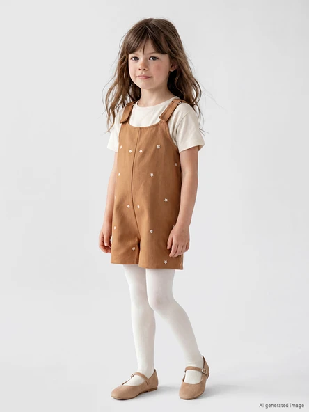 LCW Kids Kahverengi Nakışlı Kız Çocuk Gabardin Salopet ve Külotlu Çorap ürün görseli 1