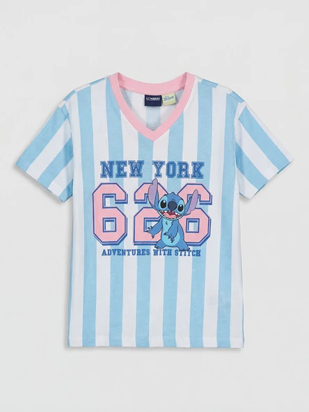 LCW Kids Mavi V Yaka Stitch Baskılı Kız Çocuk Tişört ürün görseli 1