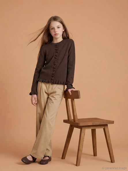 LCW Kids Bej Mom Fit Kız Çocuk Pileli Pantolon ürün görseli 1