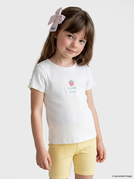 LCW Kids Beyaz Çilek Nakışlı Kız Çocuk Fitilli Tişört ürün görseli 1