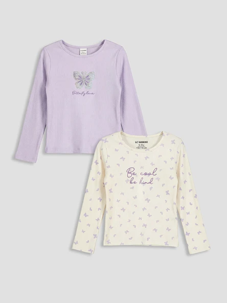 LCW Kids Lila Bisiklet Yaka Nakışlı Kız Çocuk Tişört 2'li ürün görseli 1