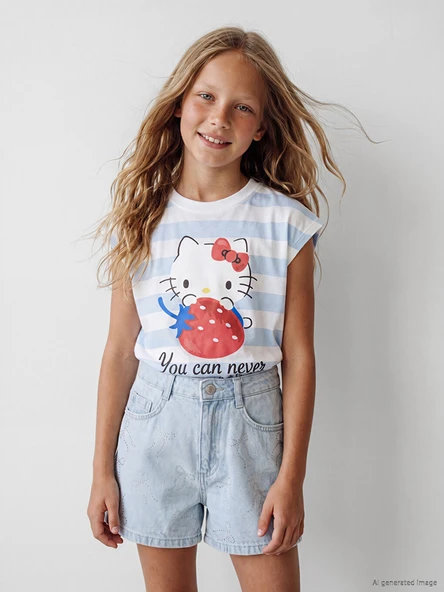 LCW Kids Mavi Bisiklet Yaka Hello Kitty Baskılı Kız Çocuk Tişört ürün görseli 1