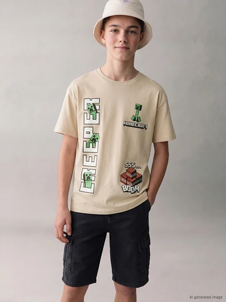 LCW Kids Bej Bisiklet Yaka Minecraft Baskılı Erkek Çocuk Tişört ürün görseli 1