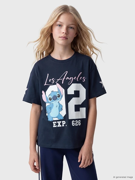LCW Kids Lacivert Stitch Baskılı Kız Çocuk Tişört ürün görseli 1