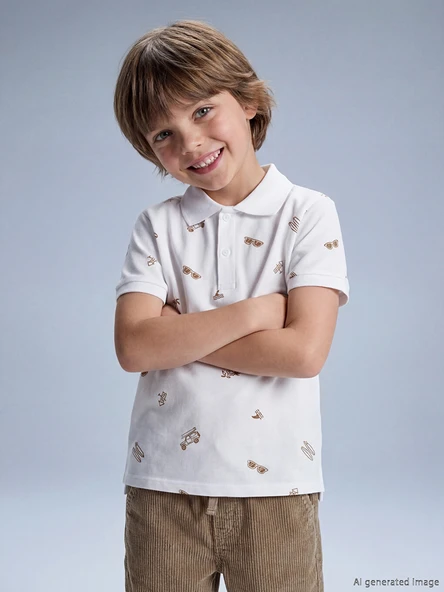 LCW Kids Beyaz Polo Yaka Baskılı Erkek Çocuk Tişört ürün görseli 1