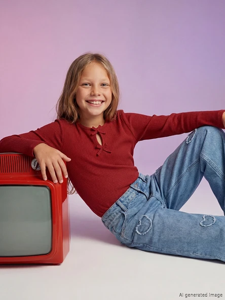 LCW Kids Bordo Fiyonk Detaylı Kız Çocuk Tişört ürün görseli 1