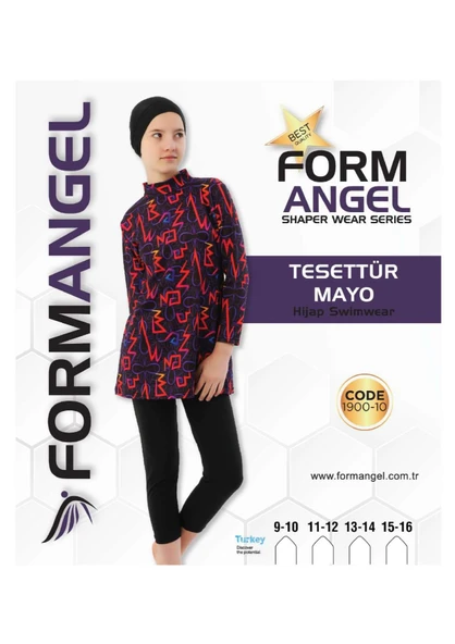 Form Angel 1900 Çocuk Uzun kollu Desenli Tesettür Mayo 9-16 Yaş - Siyah - 9-16 YAŞ ürün görseli 1