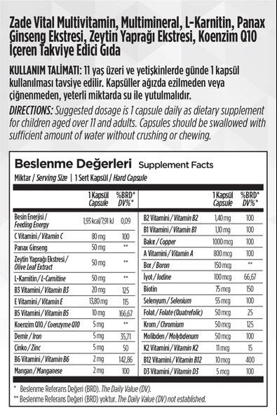 Zade Vital Multivitamin 30 Kapsül - Resim 2