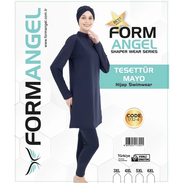 Form Angel 1732-4 Kadın Desenli Battal Paraşüt Taytlı Tesettür Mayo 3XL-6XL - Lacivert - 3XL-4XL- ürün görseli 1