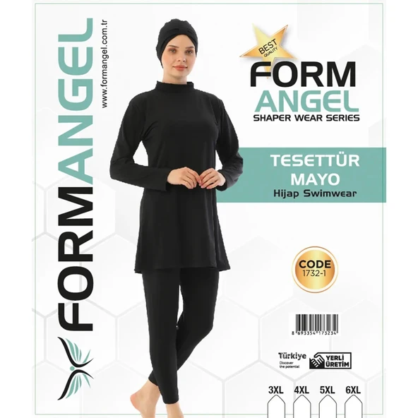 Form Angel 1732-1 Kadın Desenli Battal Paraşüt Taytlı Tesettür Mayo 3XL-6XL - Siyah - 3XL-4XL-5XL-6XL ürün görseli 1