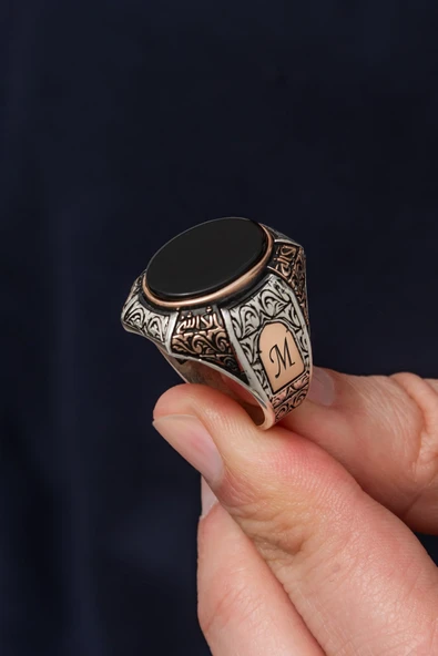 Oval Oniks Siyah Taşlı 925 Erkek Gümüş Yüzük ürün görseli 1