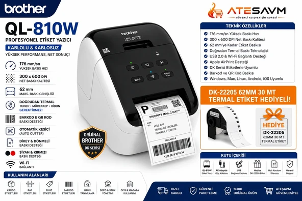 BROTHER P-TOUCH QL-810WC 62MM e kadar Baskı Dk serisi USB Wi-Fi Etiket Yazıcı + DK-22205 62MM Termal Etiket, 30 Metre Hediye ürün görseli 1