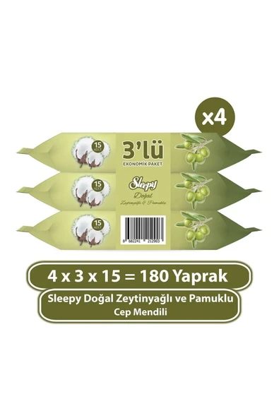 Sleepy Doğal Zeytinyağlı Ve Pamuklu Cep Mendili 4X3x15 (180 Yaprak) ürün görseli 1