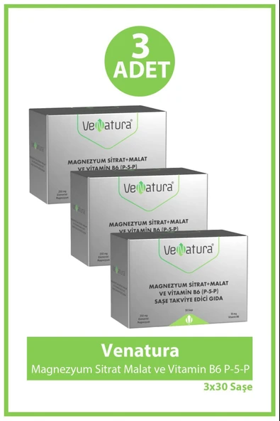 VeNatura Magnezyum Sitrat + Malat ve Vitamin B6 (P-5-P) 30 Saşe 3 Adet ürün görseli 1