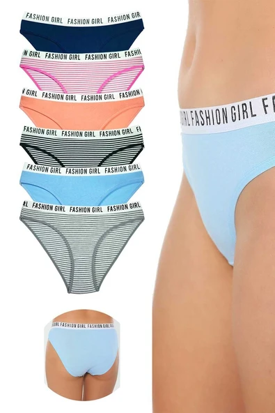 6 Adet Beli Yazılı Lastik Pamuk Kadın Külot ürün görseli 1