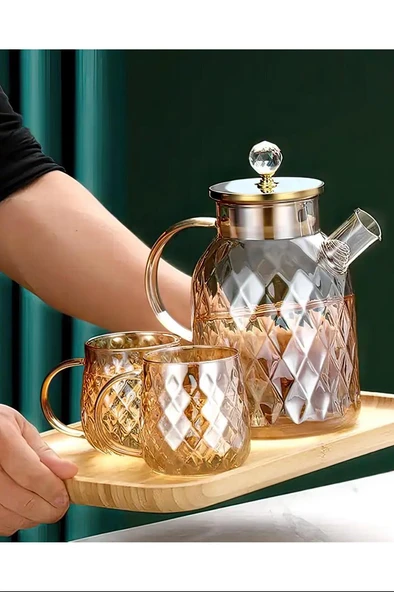 Kabartmalı Bambu Kapaklı Borosilikat Cam Demlik 1500ml Royaleks-CM-2005 ürün görseli 1
