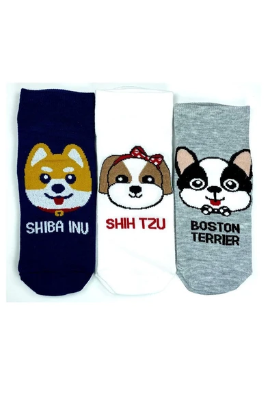 3 Çift Sevimli Köpek Temalı Baskılı Yumuşak Kadın Bilek Çorap ürün görseli 1