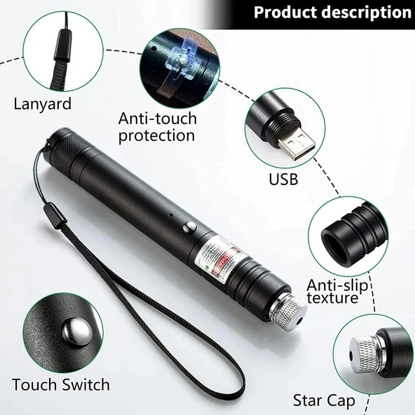 Fithome 100mw Desen Başlıklı Usb Şarjlı Yeşil Lazer Pointer - Resim 4