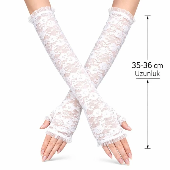 Uzun Zarif Dantel Eldiven Parmaksız Beyaz 35 Cm ürün görseli 1