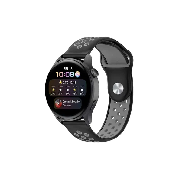 Watch 20mm Spor Delikli Kordon (saat Değildir) - Siyah-gri ürün görseli 1