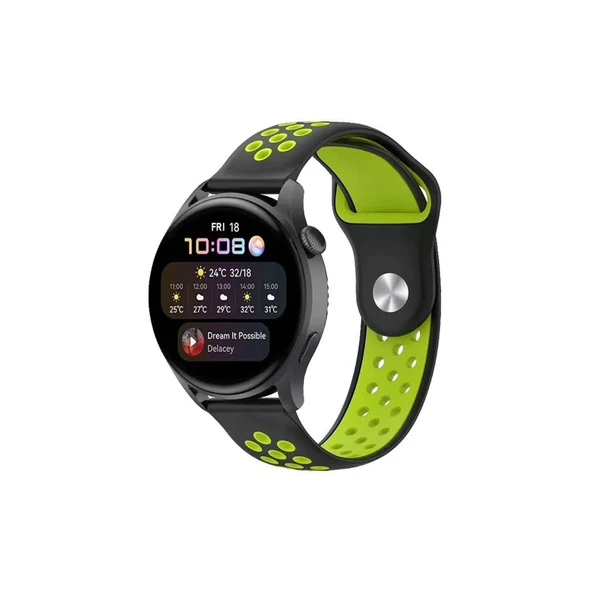 Watch 20mm Spor Delikli Kordon (saat Değildir) - Siyah-yeşil ürün görseli 1
