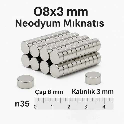 5 Adet 8X3Mm Yuvarlak Neodyum Mıknatıs Güçlü Nikel Kaplamalı Kaliteli Dayanıklı Magnet ürün görseli 1