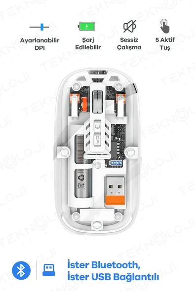 Bluetooth Usb Çift Modlu Sessiz Mouse, Şeffaf Mıknatıslı Kapaklı, Type-C Şarjlı, Dpı Ayarlı, Kablosuz 10M Çekim Mesafeli, Masaüstü Kısayol Tuşlu, Taşınabilir Şarjlı Mouse Beyaz ürün görseli 1