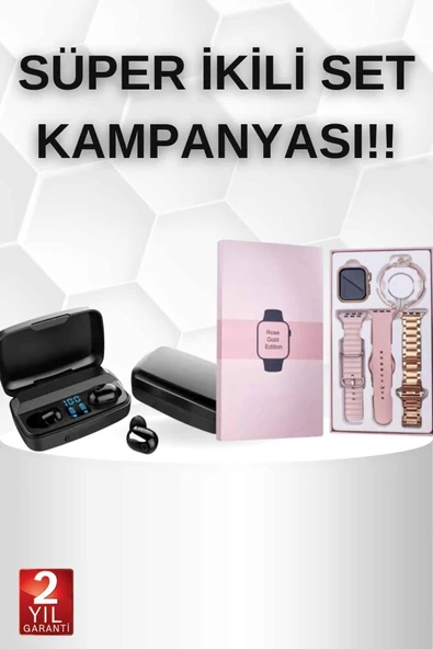 Wireless Şarjlı Pembe Akıllı Saat Kablosuz Bluetooth Kulaklık Dokunmatik ürün görseli 1