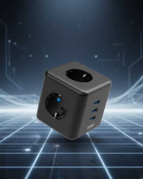 Elektronik Cihazlar İçin Akım Korumalı 3 Prizli Usb’Li Küp Priz ürün görseli 1
