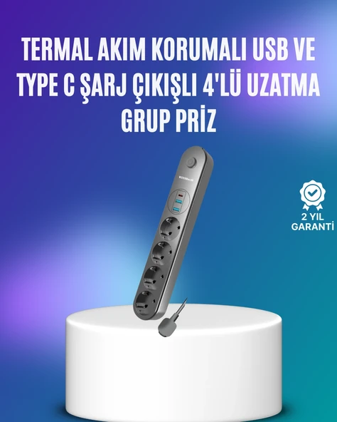 4’Lü Çoklu Priz 2 Usb Type-C Girişli Akım Korumalı Siyah ürün görseli 1