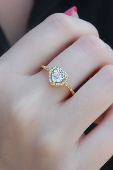 Gold Renk Zirkon Taşlı Model Charm Pirinç Kadın Yüzük ürün görseli 1