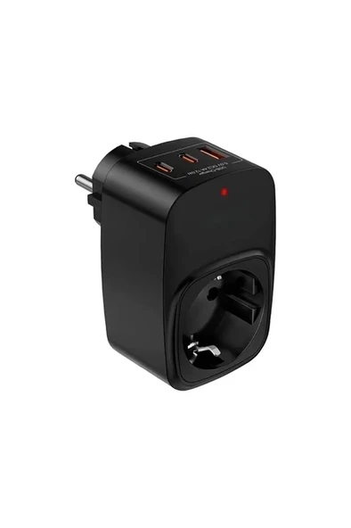 Tekli Yüksek Voltaj Korumalı Duvar Prizi 2X Type-C 1X Usb Çıkışlı Priz Grup Priz Çoğaltıcı Siyah ürün görseli 1