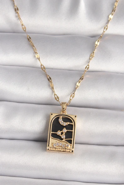 316L Çelik Gold Renk Zirkon Taşlı Ay Figürlü Tarot Model Kadın Kolye ürün görseli 1