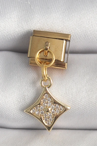 316L Çelik Gold Renk Sallantı Zirkon Taşlı Çiçek İşlemeli Nomination Charm ürün görseli 1