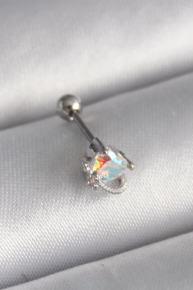 316L Çelik Gümüş Renk Zirkon Taşlı Tragus Piercing ürün görseli 1