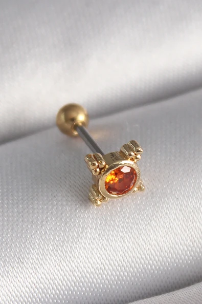 316L Çelik Gold Renk Turuncu Zirkon Taşlı Tragus Piercing ürün görseli 1