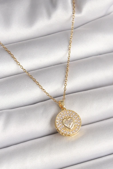 316L Çelik Gold Renk Zincir Madalyon Zirkon Taşlı Model Kadın Kolye ürün görseli 1