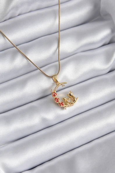 316L Çelik Gold Renk Hilal Model Zirkon Taşlı Detay Kadın Kolye ürün görseli 1