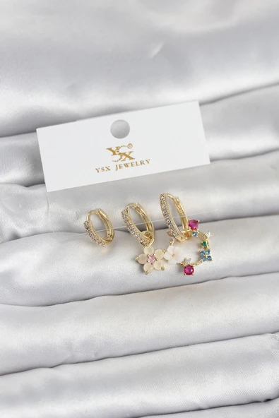 Pirinç Gold Renk Çiçek Model 3'Lü Kadın Küpe ürün görseli 1
