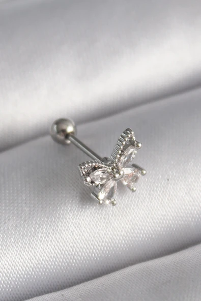 316L Çelik Gümüş Renk Zirkon Taşlı Tragus Piercing ürün görseli 1