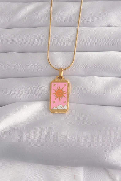 316L Çelik Gold Renk Pembe Mineli Güneş Model Tarot Kolye ürün görseli 1