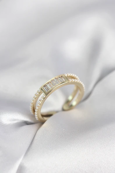 Baget Zirkon Taşlı Gold Renk İncili Kadın Yüzük ürün görseli 1