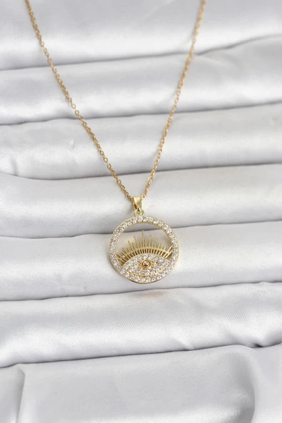 316L Çelik Gold Renk Zirkon Taşlı Göz Model Kadın Kolye ürün görseli 1