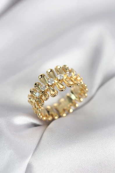 Gold Renk Zirkon Taşlı Sıralı Damla Model Kadın Yüzük ürün görseli 1