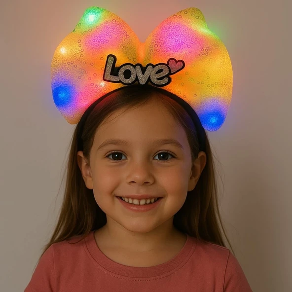 Led Işıklı Love Yazılı Sarı Fiyonk Taç – Kız Çocuk Parti Tacı ürün görseli 1