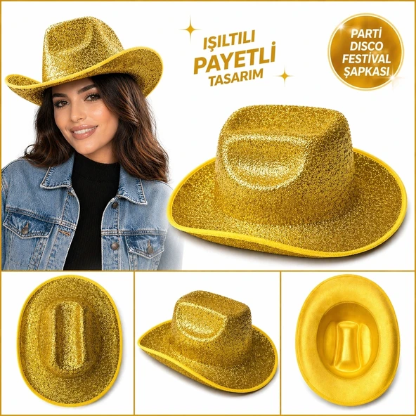 Parlak Altın Gold Kovboy Şapka Kadın Erkek Parti Disco Festival Şapkası ürün görseli 1