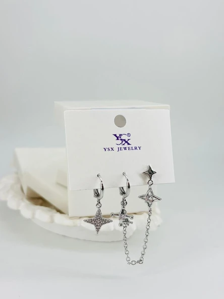 Rodyum Zirkon Taşlı Pirinç Üçlü Kombin Küpe - Kp00546 ürün görseli 1